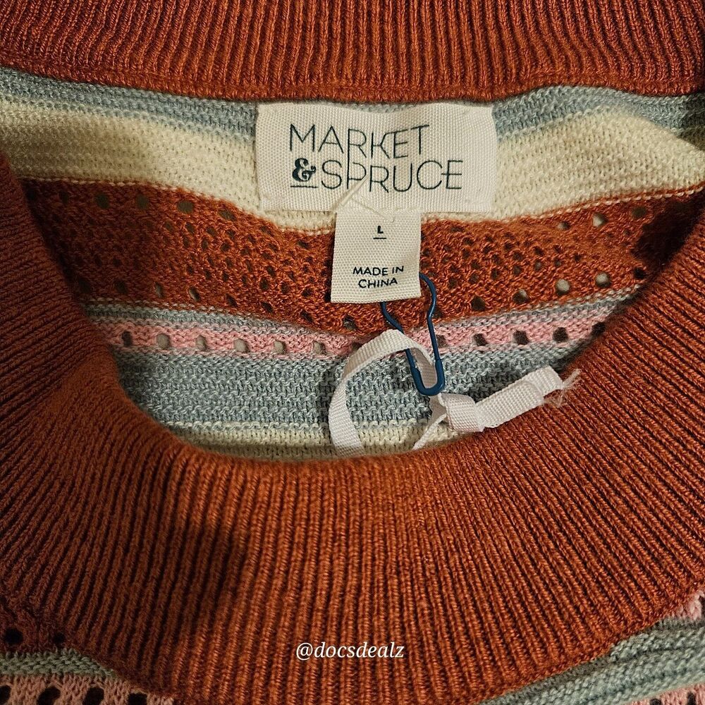 Market & Spruce Sweater Striped Eyelet Orange, Blue, White Women's Large - Picture 4 of 6